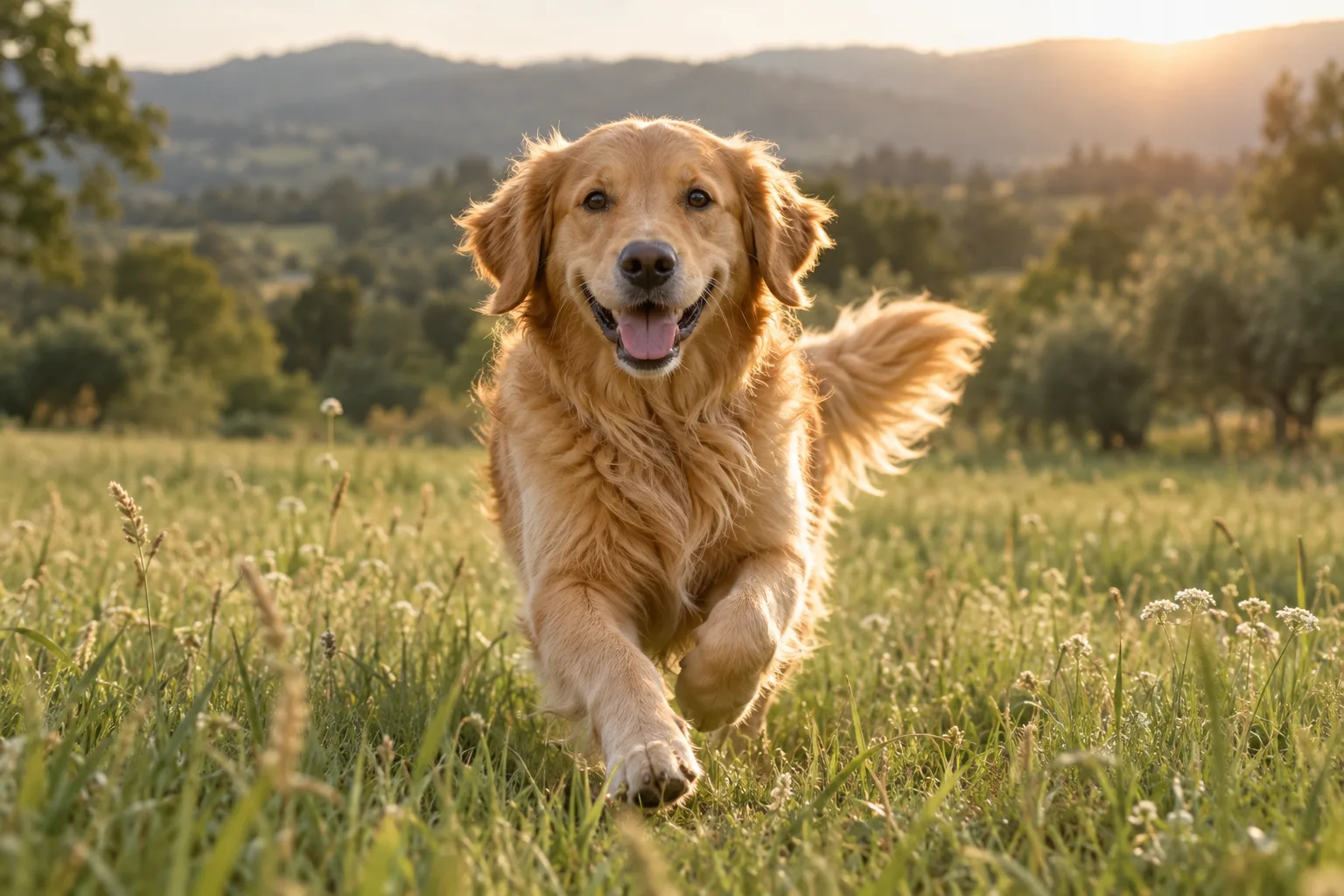 Golden retriever running through a sunlit meadow