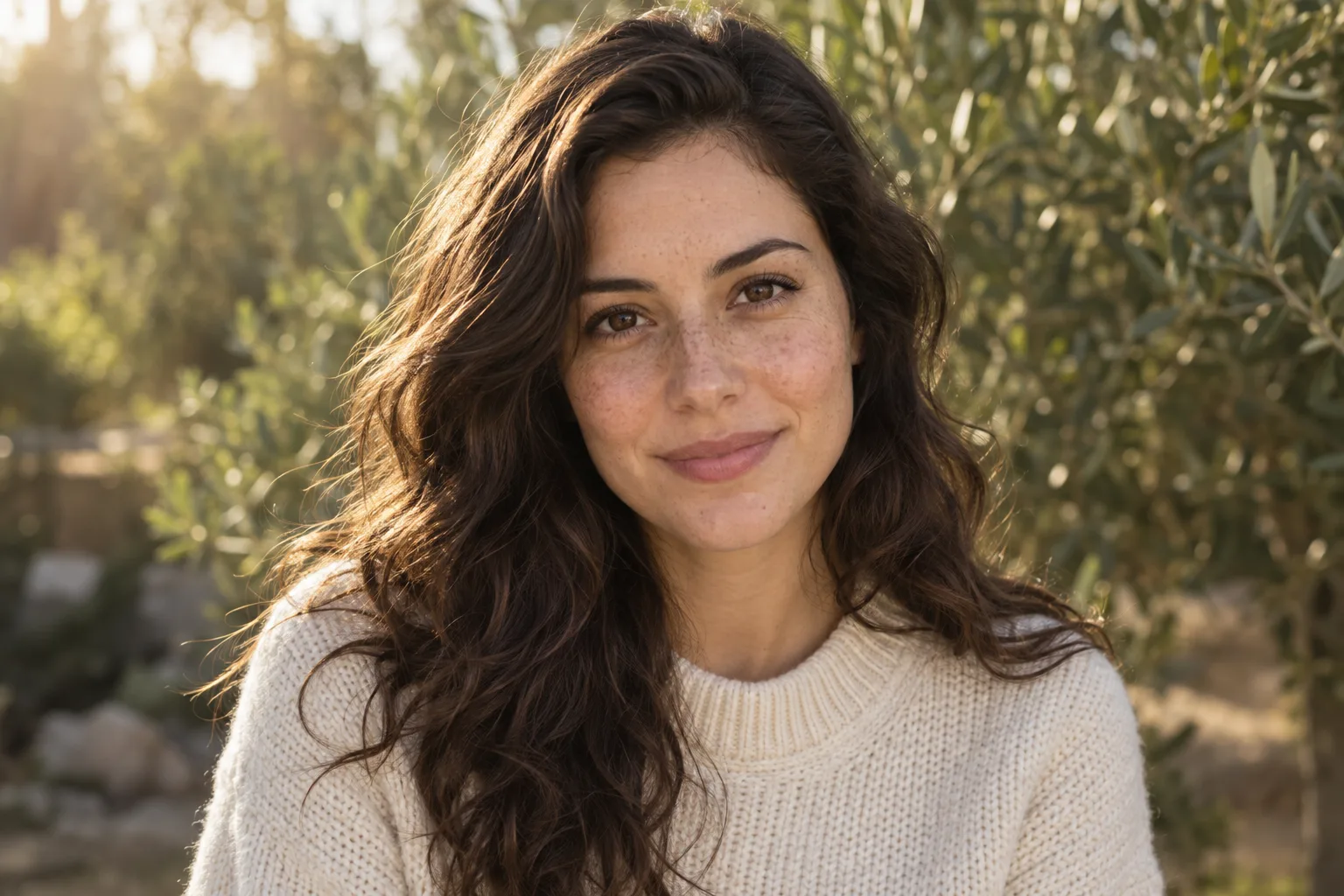 Illustrative portrait of a woman in warm sunlight, with visible hair and facial detail